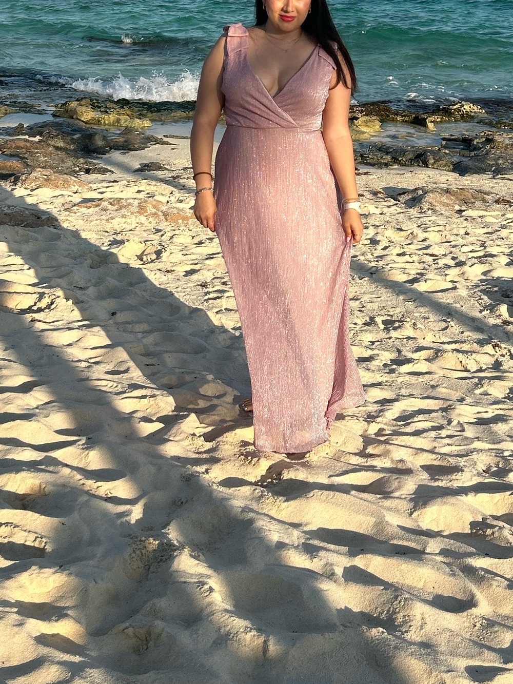 Kensie Blush Pink Sparkle Maxi Dress with Ruffle Shoulders